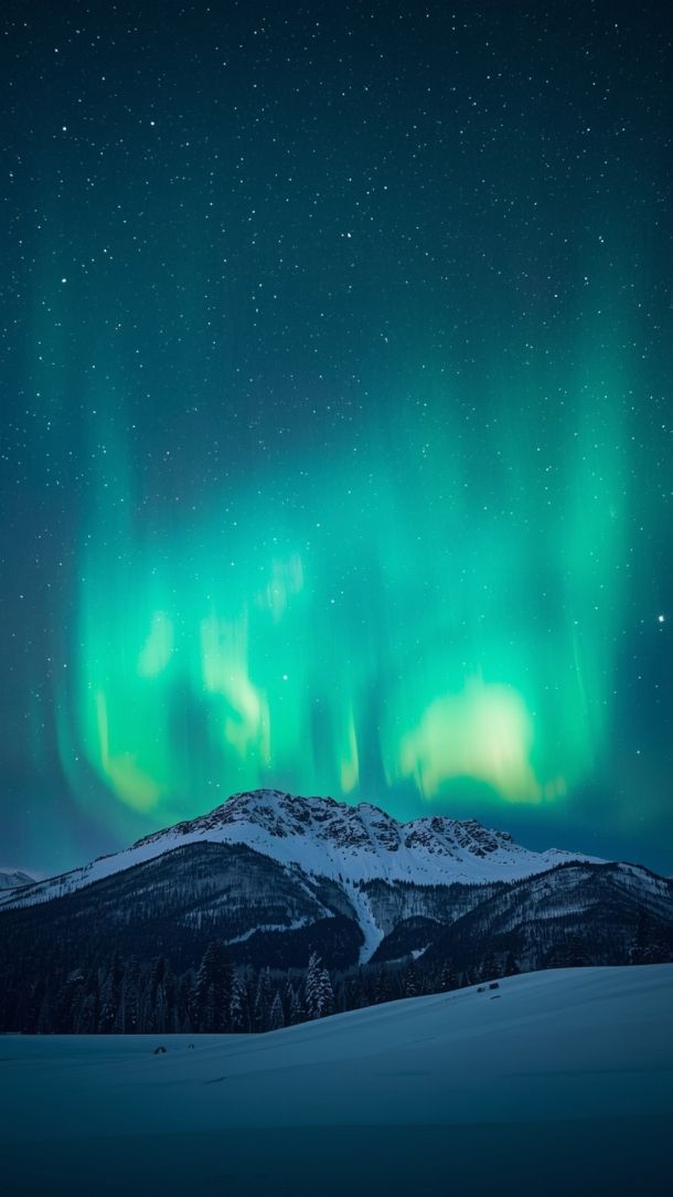 Aurores boréales illuminant un paysage de montagnes enneigées sous les étoiles