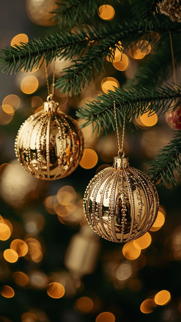Décorations de Noël dorées suspendues sur branches de pin avec lumières floues