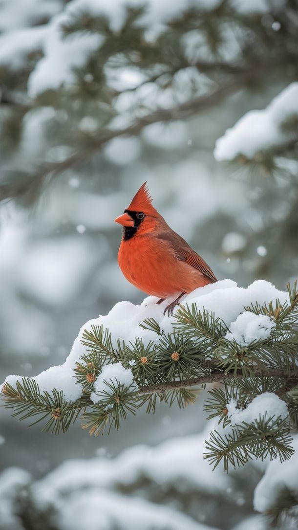 Oiseau cardinal rouge posé sur une branche de pin couverte de neige