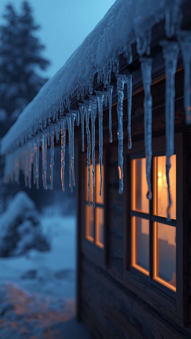 Chalet enneigé avec glaçons et fenêtres illuminées dans la nuit hivernale