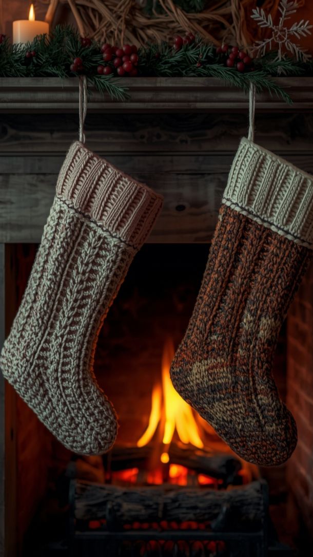 Ambiance cosy de cheminée décorée avec chaussettes de Noël et guirlandes