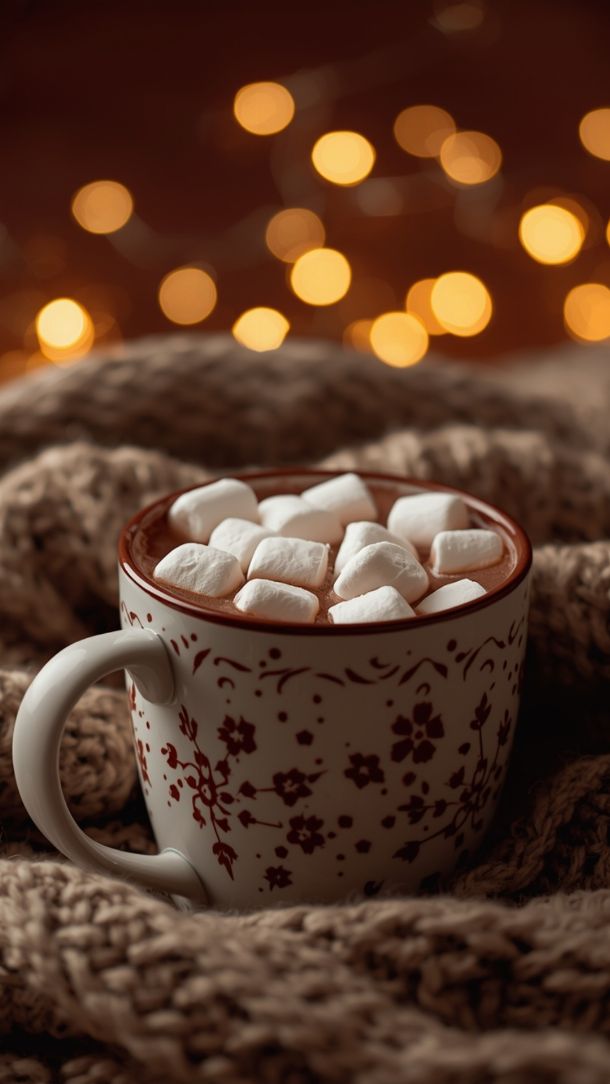 Tasse de chocolat chaud fumant avec marshmallows dans une ambiance cosy