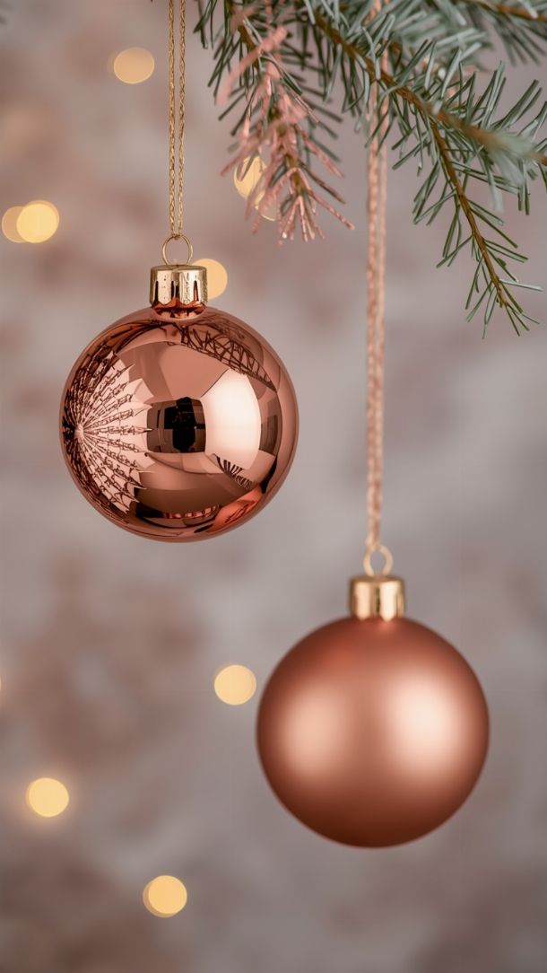 Ornements de Noël modernes en cuivre et or rose avec fond flou