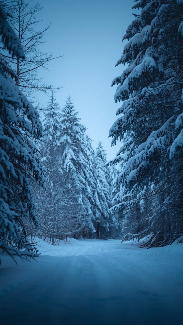 Paysage hivernal paisible de forêt enneigée à l'heure bleue