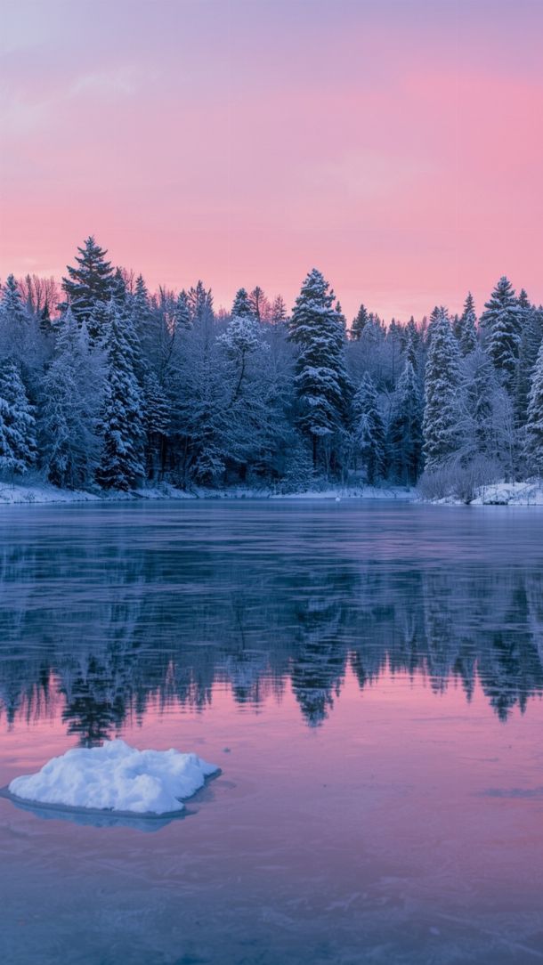 Lac gelé reflétant des sapins enneigés sous un coucher de soleil rose