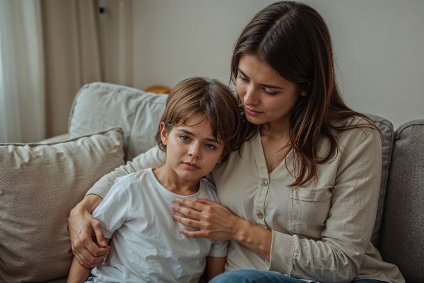 Parent réconfortant son enfant de maternelle inquiet pour l'école, démontrant l'importance du soutien familial dans la prévention du décrochage scolaire précoce
