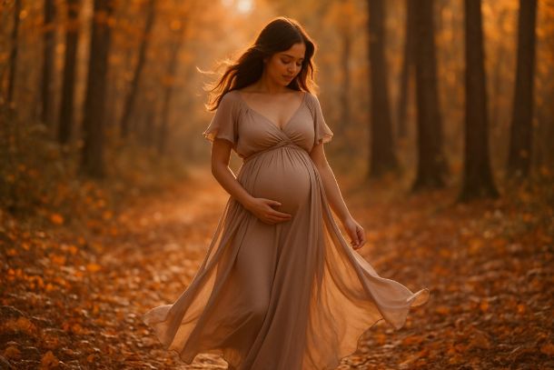 Photo grossesse en extérieur dans un décor naturel automnal avec lumière dorée Photo grossesse en extérieur dans un décor naturel automnal avec lumière dorée