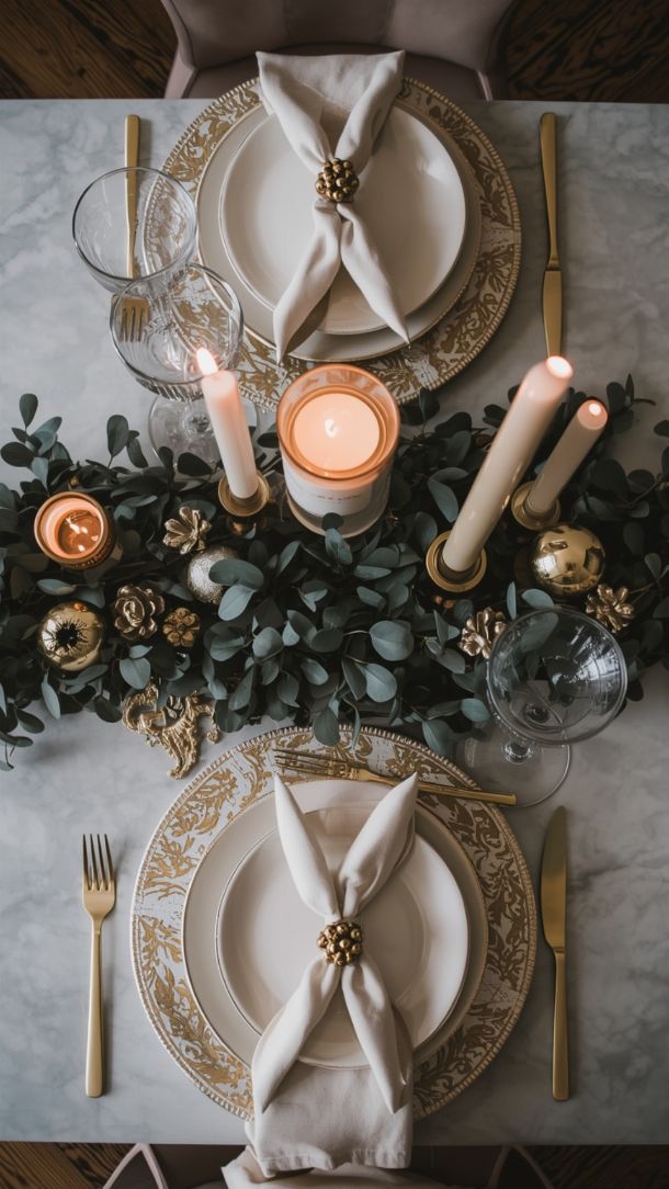 Table de Noël raffinée avec décoration dorée et blanche et bougies