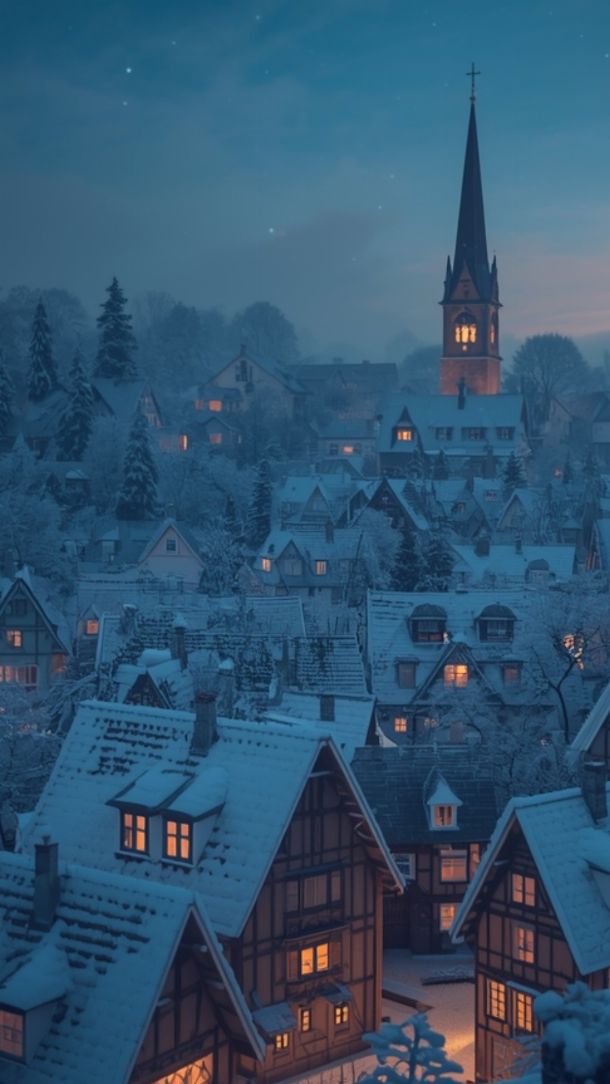 Toits enneigés de village illuminés sous un ciel étoilé de Noël