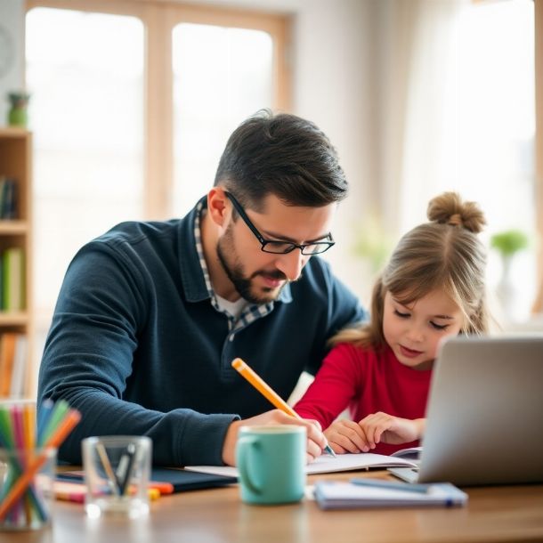 Père fait l'école à la maison à sa fille Père fait l'école à la maison à sa fille