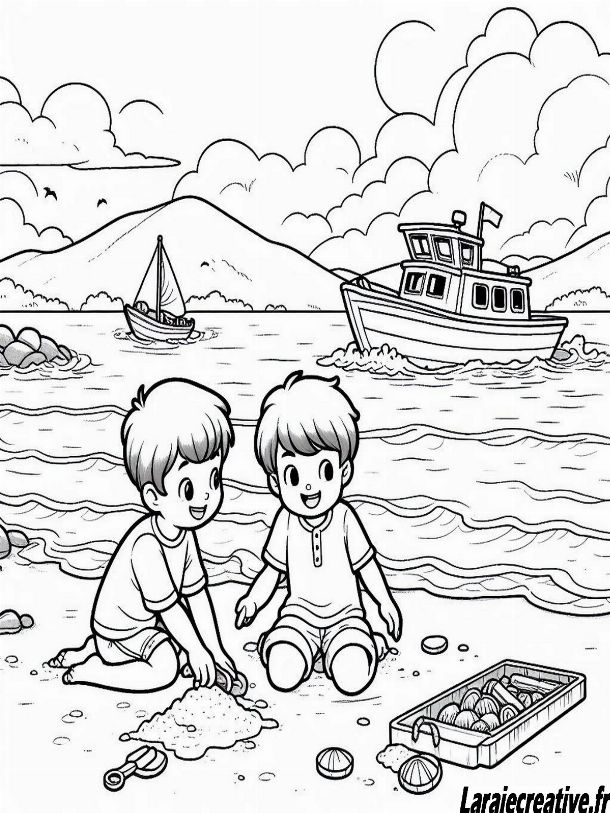 enfant jouent plage coloriage été maternelle