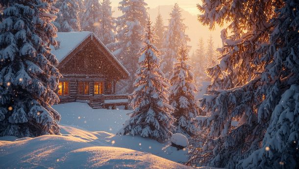 Fond d'écran Noël paysage hivernal avec cabane enneigée et sapins