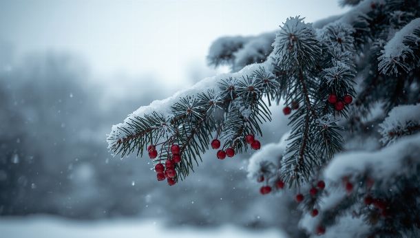 Fond d'écran branches de pin enneigées avec baies rouges