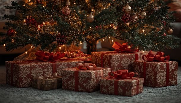 Fond d'écran cadeaux de Noël emballés sous le sapin illuminé