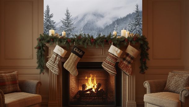 Fond d'écran cheminée décorée de Noël avec chaussettes et guirlandes