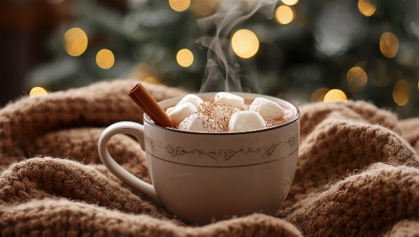 Fond d'écran chocolat chaud de Noël avec marshmallows ambiance cosy