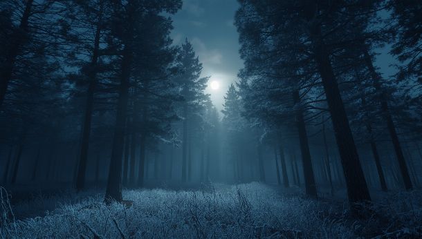 Fond d'écran forêt de sapins enneigés nuit mystique clair de lune