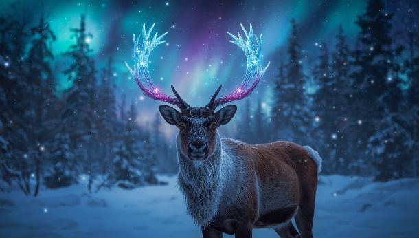 Fond d'écran renne magique dans forêt enneigée avec aurores boréales