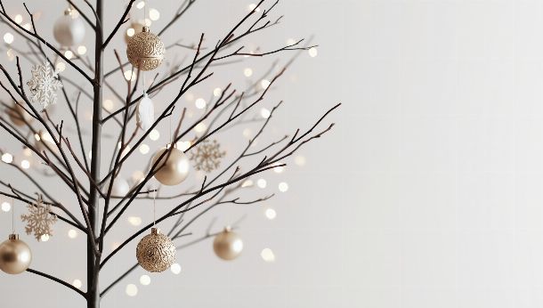 Fond d'écran sapin de Noël minimaliste décoré or et blanc