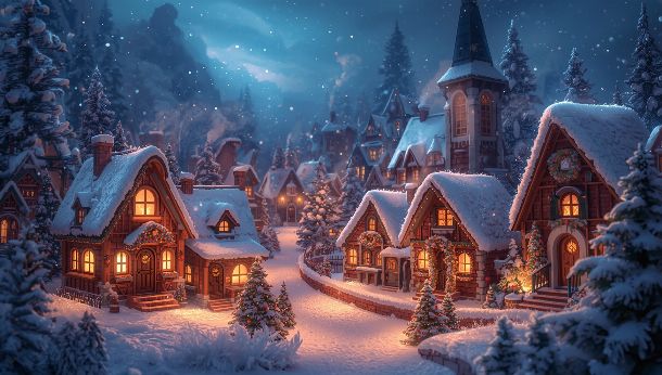 Fond d'écran village de Noël enneigé avec lumières dorées
