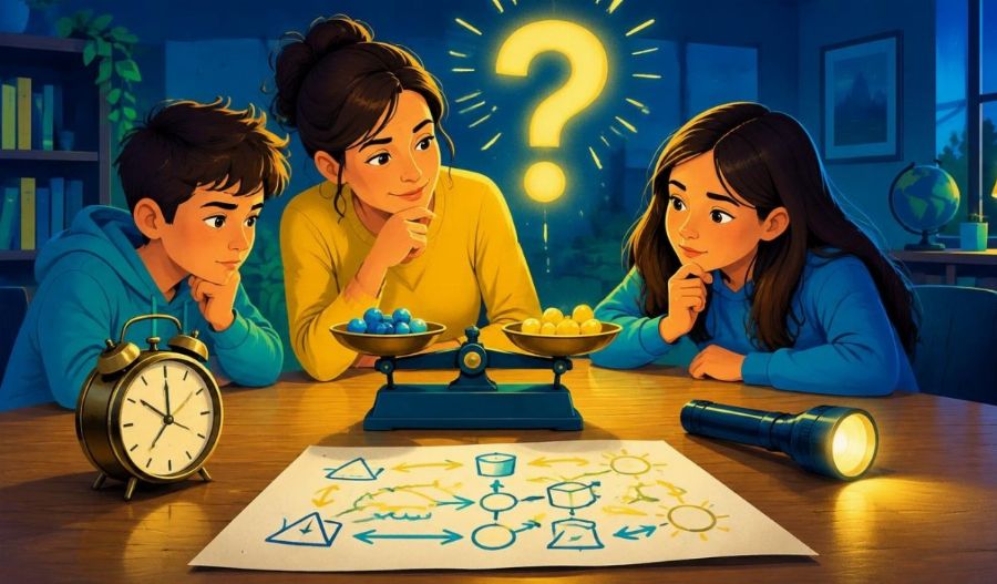 Famille réfléchissant à une énigme difficile autour d’une table avec une balance et des billes