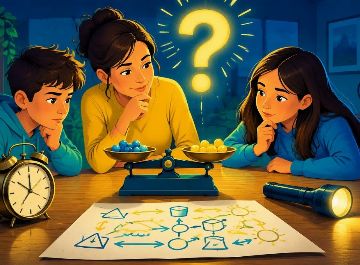 Famille réfléchissant à une énigme difficile autour d’une table avec une balance et des billes