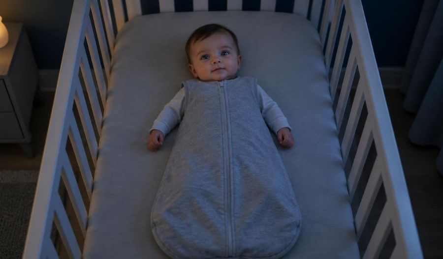 Bébé de 4 mois allongé sur le dos dans son lit à barreaux, vêtu d’une turbulette, dans une chambre tamisée