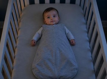 Bébé de 4 mois allongé sur le dos dans son lit à barreaux, vêtu d’une turbulette, dans une chambre tamisée