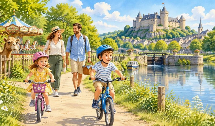 Famille à vélo sur un chemin de halage au bord de la Mayenne, près d’un château médiéval, pour une sortie en famille autour de Laval