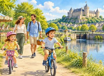Famille à vélo sur un chemin de halage au bord de la Mayenne, près d’un château médiéval, pour une sortie en famille autour de Laval