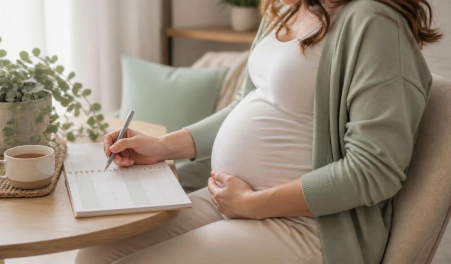 Future maman notant ses semaines d’aménorrhée sur un calendrier posé sur la table