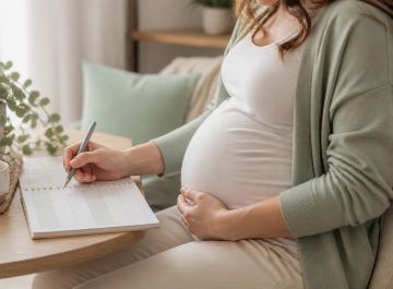 Future maman notant ses semaines d’aménorrhée sur un calendrier posé sur la table