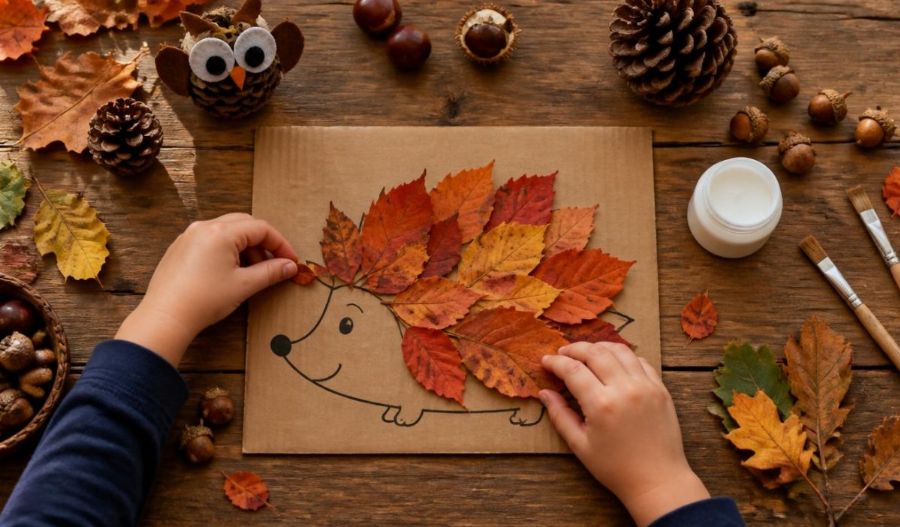 Enfant collant des feuilles mortes orange sur un hérisson en carton pour une activité manuelle d’automne