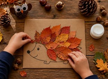 Enfant collant des feuilles mortes orange sur un hérisson en carton pour une activité manuelle d’automne