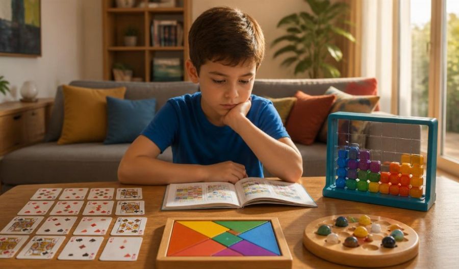 Enfant concentré sur un casse-tête de logique en bois posé sur une table de salon