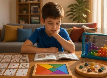 Enfant concentré sur un casse-tête de logique en bois posé sur une table de salon