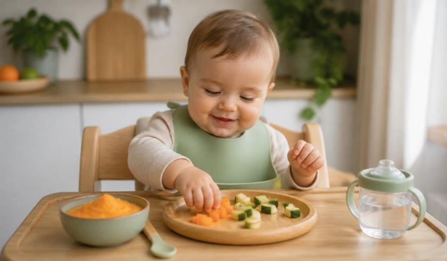 Bébé de 9 mois assis dans sa chaise haute devant une assiette de légumes en petits morceaux