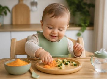 Bébé de 9 mois assis dans sa chaise haute devant une assiette de légumes en petits morceaux
