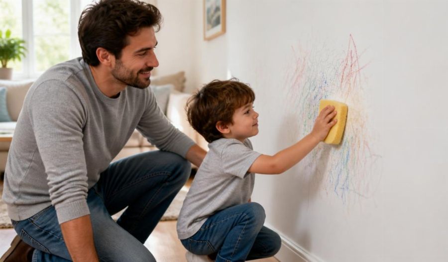 Enfant aidant sa pére à nettoyer un dessin au crayon sur un mur, exemple de punition éducative