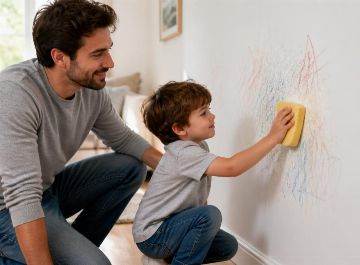 Enfant aidant sa pére à nettoyer un dessin au crayon sur un mur, exemple de punition éducative