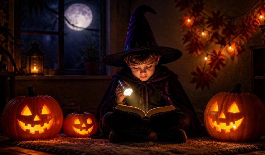 Enfant lisant un poème d’Halloween à la lampe de poche devant des citrouilles éclairées