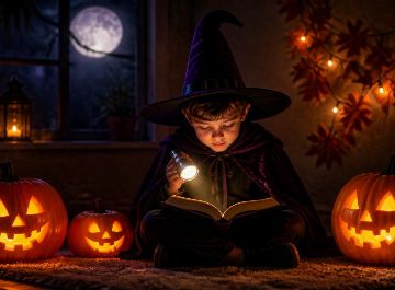 Enfant lisant un poème d’Halloween à la lampe de poche devant des citrouilles éclairées