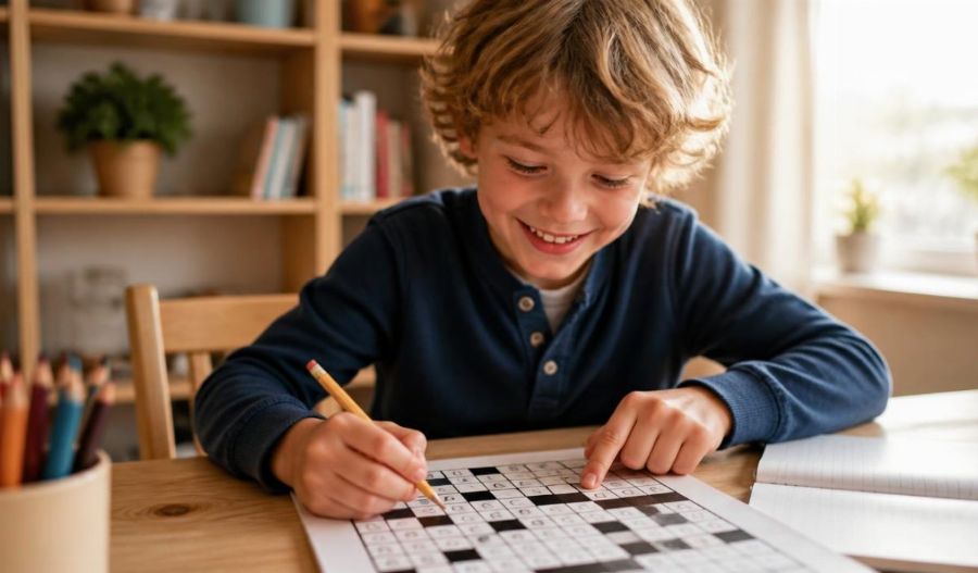 Enfant souriant résolvant une grille de mots croisés avec un crayon