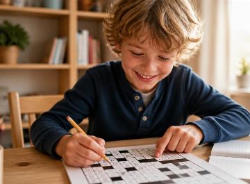 Enfant souriant résolvant une grille de mots croisés avec un crayon