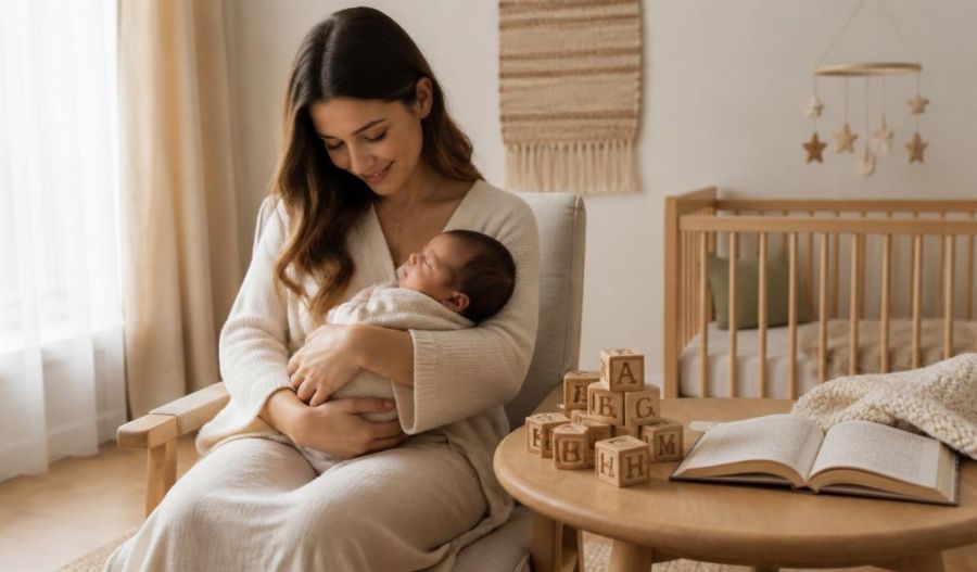 Mère avec son nouveau-né choisissant un prénom viking dans une chambre scandinave