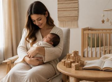 Mère avec son nouveau-né choisissant un prénom viking dans une chambre scandinave