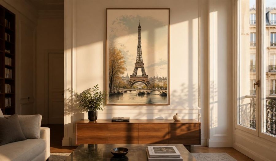 Salon parisien lumineux avec une affiche Paris illustrée encadrée au centre  du mur, style décoration intérieure française raffinée