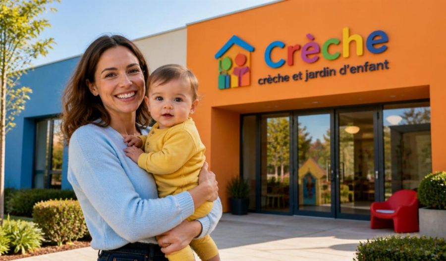 femme avec bébé devant une créche