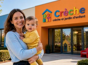 femme avec bébé devant une créche
