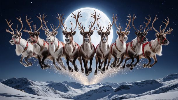 Équipe des huits rennes du père Noël volant dans le ciel étoilé de Noël - Tornade, Danseur, Fringant, Furie, Comète, Cupidon, Tonnerre, Éclair et Rudolph Équipe des huit rennes du père Noël volant dans le ciel étoilé de Noël - Tornade, Danseur, Fringant, Furie, Comète, Cupidon, Tonnerre, Éclair et Rudolph